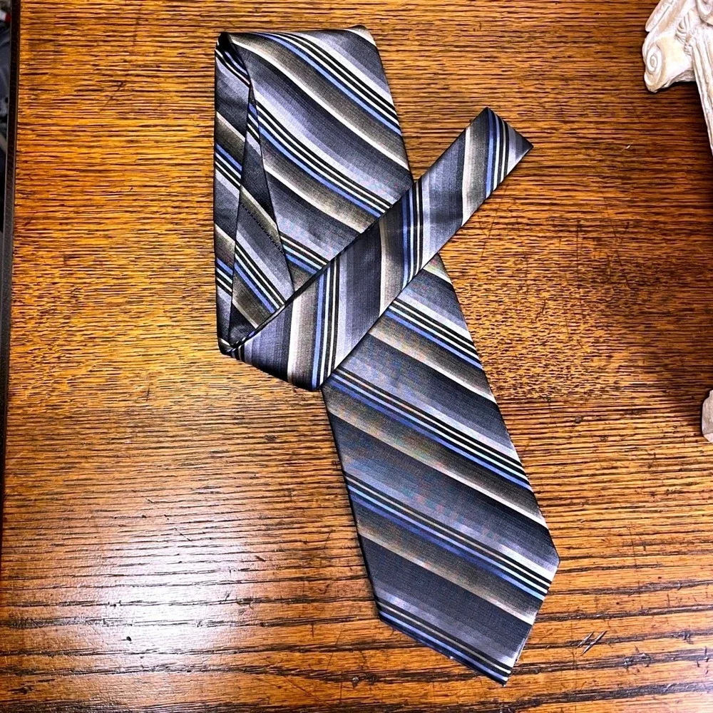Joseph Feiss International Silk‎ Tie Striped Gray Blue Tan Men's Repp Necktie